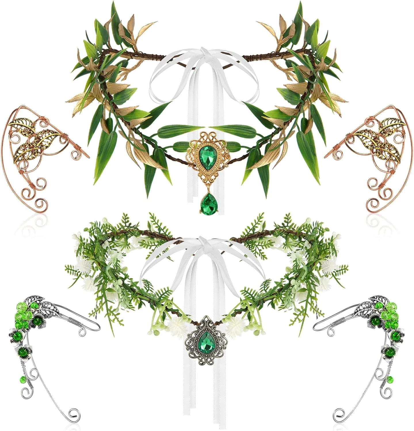 Zeyune 4 Pcs Fairy Flower Headpiece Bride Green Leaf Crown Bohemian Bridal Headband and Elf Ear Cuffs Set Elf Headpiece Fairy Costume Accessories for Women Wedding Flower Clip on Earrings