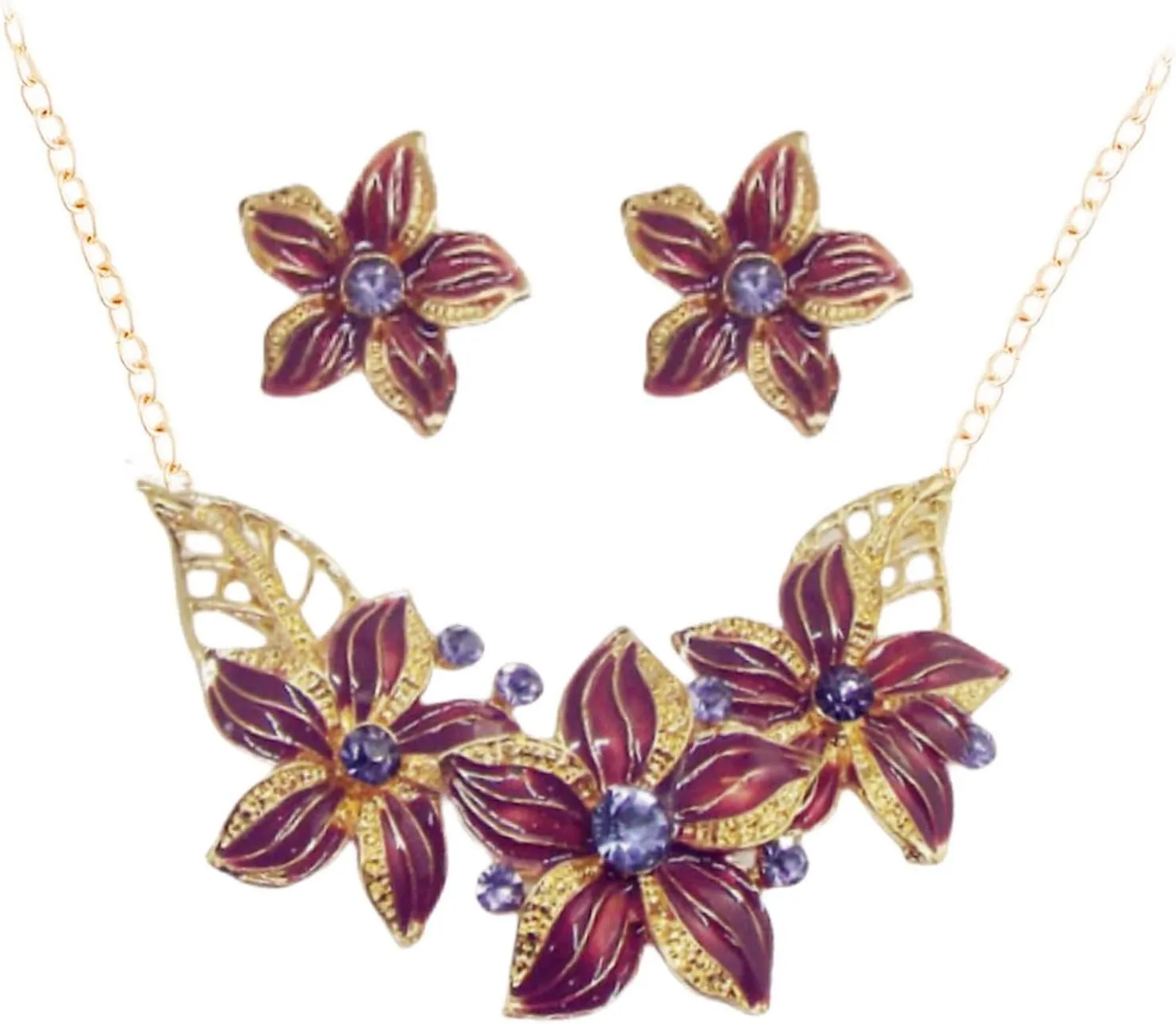 Zittop Fashion Women Crystal Flower Statement Gold Plated Necklace Earrings Jewelry Set