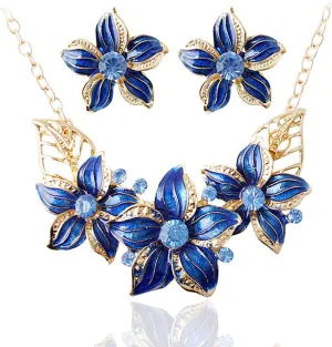 Zittop Fashion Women Crystal Flower Statement Gold Plated Necklace Earrings Jewelry Set