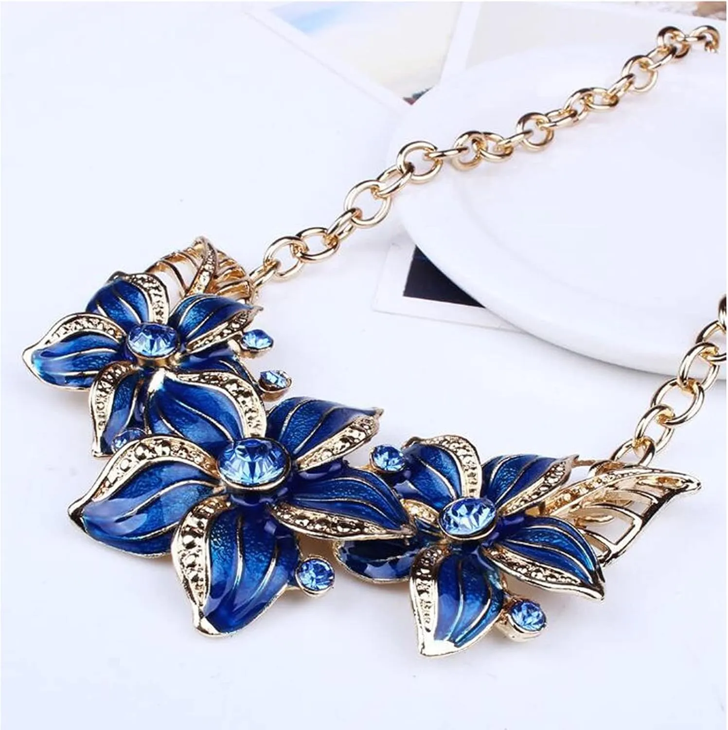 Zittop Fashion Women Crystal Flower Statement Gold Plated Necklace Earrings Jewelry Set