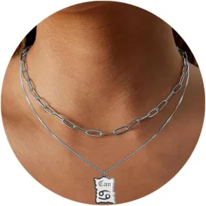 Zodiac Necklace for Women Zodiac Sign Choker Necklace Silver Paperclip Chain Layered Necklace 15 Constellation Square Pendant Necklace Jewelry Gifts for Women