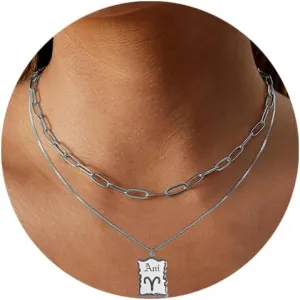 Zodiac Necklace for Women Zodiac Sign Choker Necklace Silver Paperclip Chain Layered Necklace 18 Constellation Square Pendant Necklace Jewelry Gifts for Women
