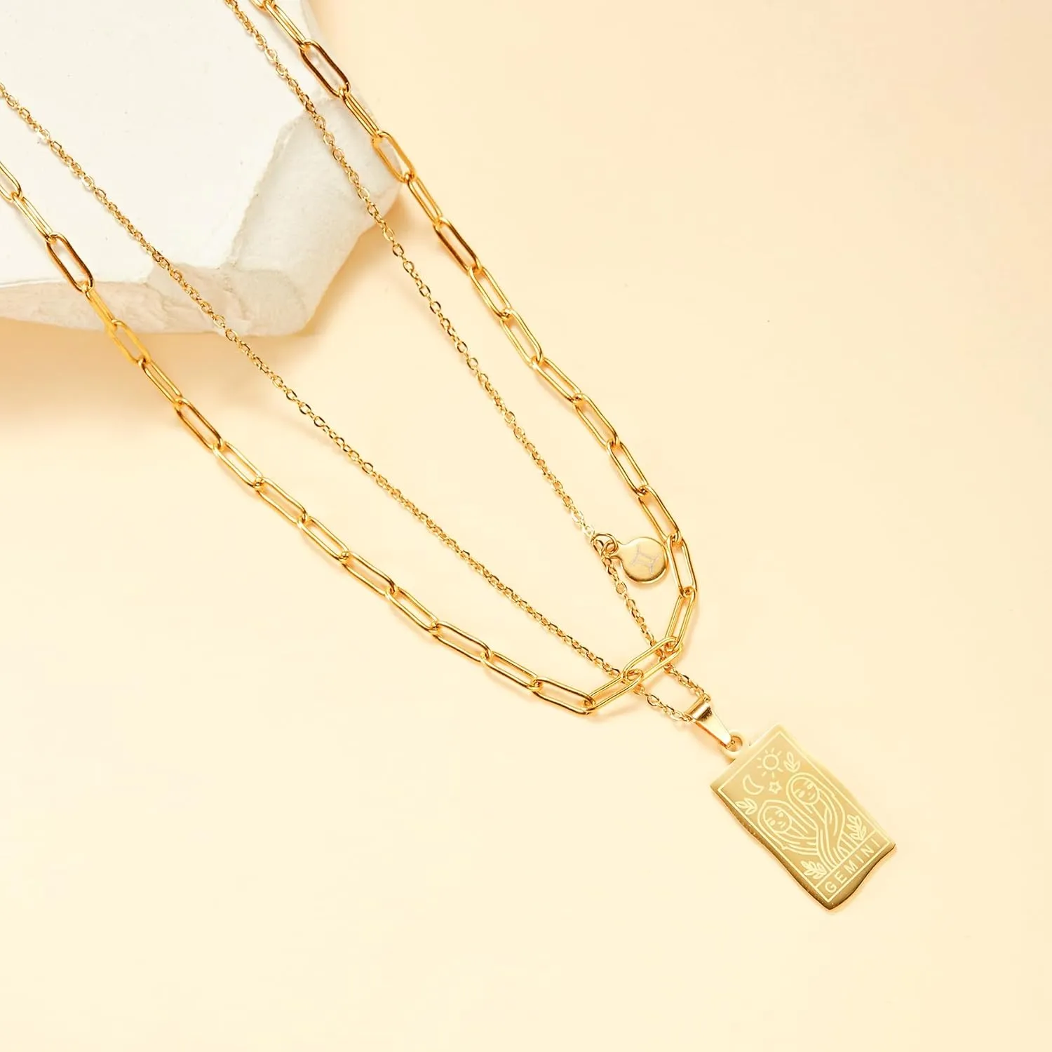 Zodiac Necklace Zodiac Constellation Layered Necklace Stainless Steel Tarot Card Pendant 14k Gold Plated Necklace Jewelry Gift for Women