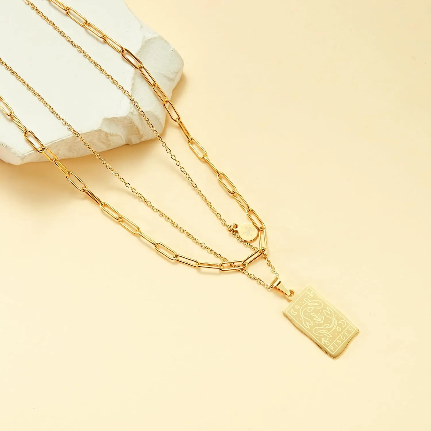 Zodiac Necklace Zodiac Constellation Layered Necklace Stainless Steel Tarot Card Pendant 14k Gold Plated Necklace Jewelry Gift for Women