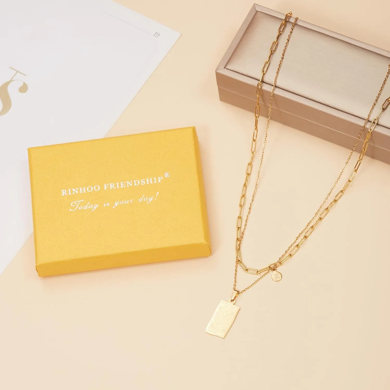 Zodiac Necklace Zodiac Constellation Layered Necklace Stainless Steel Tarot Card Pendant 14k Gold Plated Necklace Jewelry Gift for Women