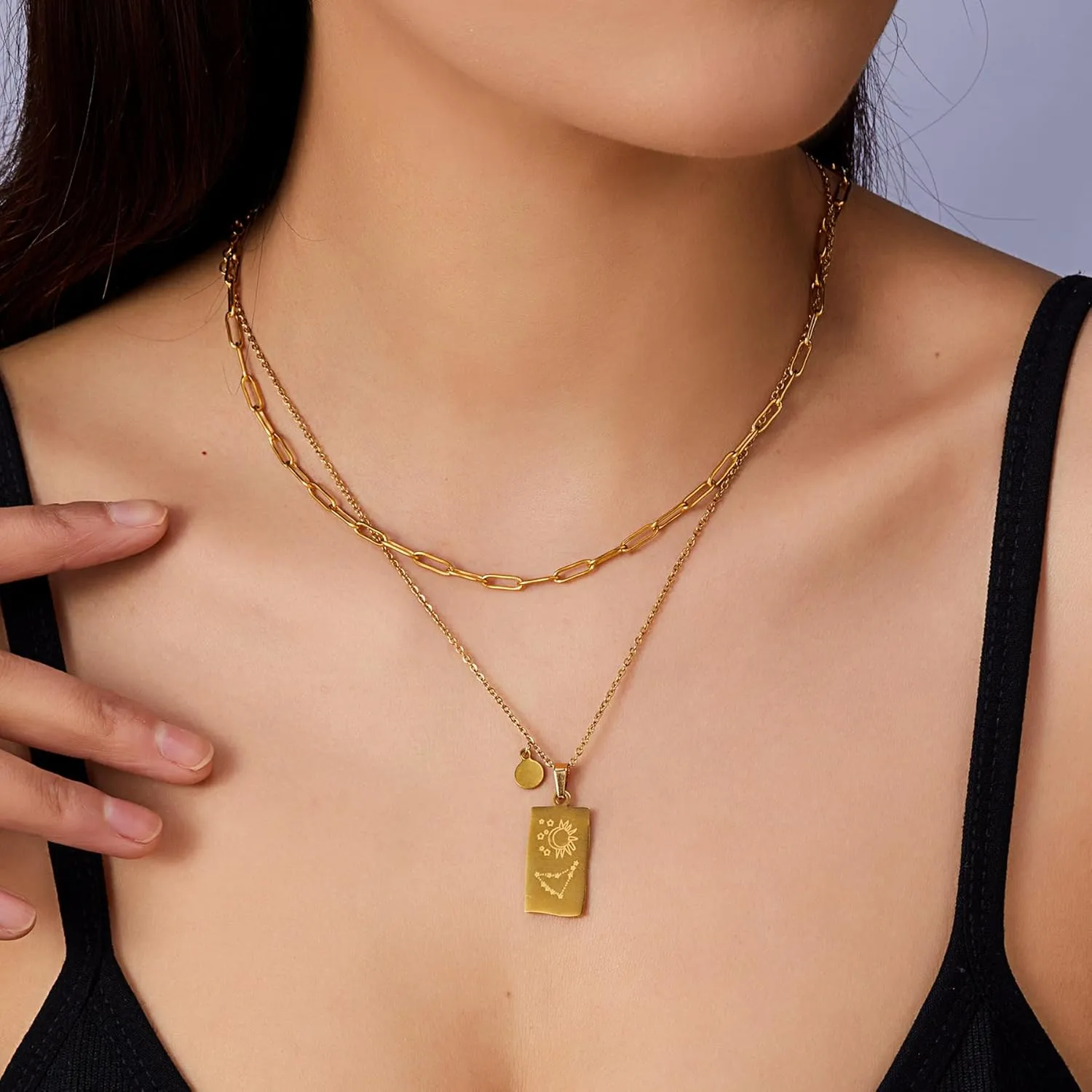 Zodiac Necklace Zodiac Constellation Layered Necklace Stainless Steel Tarot Card Pendant 14k Gold Plated Necklace Jewelry Gift for Women