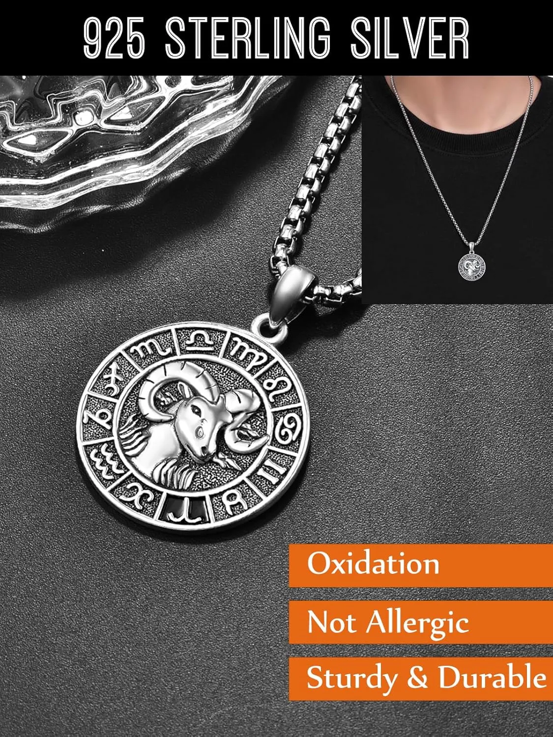 Zodiac Necklaces for Men, 925 Sterling Silver 12 Constellation Horoscope Sign Pendant Necklace, Birthday Father's Day Jewelry Gifts for Husband Boyfriend Father Grandpa Son