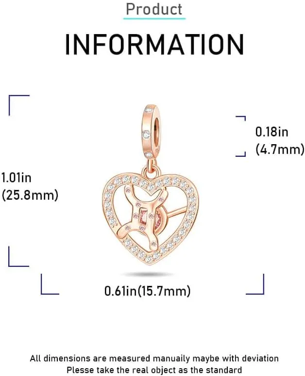 Zodiac Sign Charm for Bracelets and Necklaces Rose Gold 925 Sterling Silver Charms, 12 Horoscope Constellation Birthstone Beads for Women