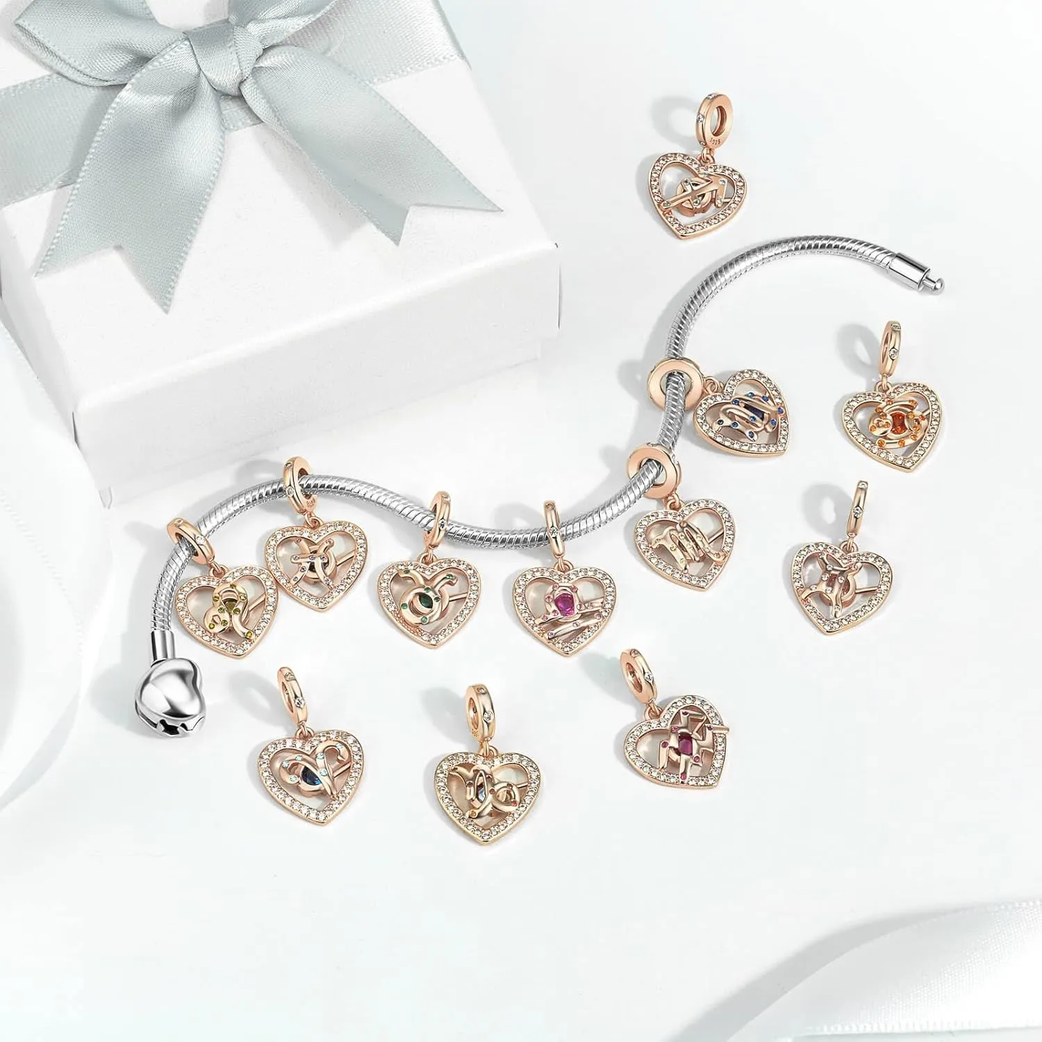 Zodiac Sign Charm for Bracelets and Necklaces Rose Gold 925 Sterling Silver Charms, 12 Horoscope Constellation Birthstone Beads for Women