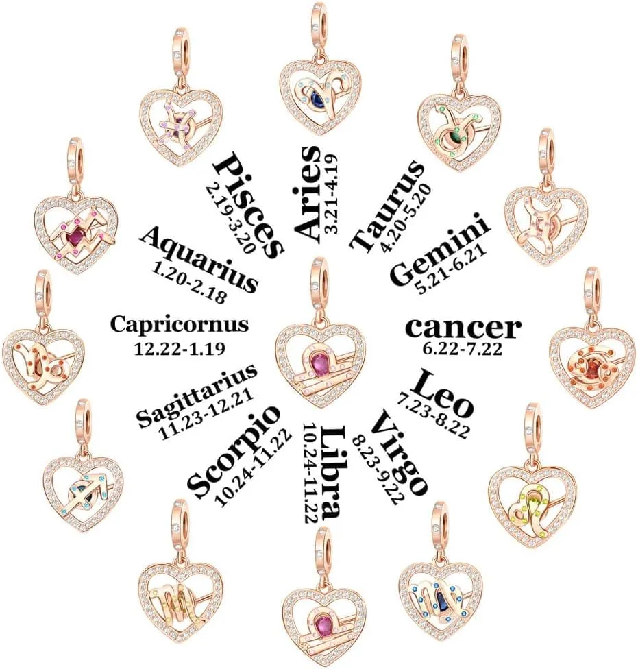 Zodiac Sign Charm for Bracelets and Necklaces Rose Gold 925 Sterling Silver Charms, 12 Horoscope Constellation Birthstone Beads for Women