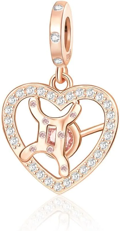 Zodiac Sign Charm for Bracelets and Necklaces Rose Gold 925 Sterling Silver Charms, 12 Horoscope Constellation Birthstone Beads for Women