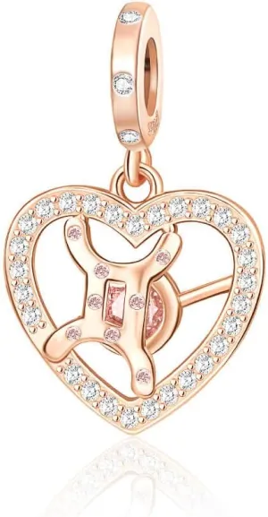 Zodiac Sign Charm for Bracelets and Necklaces Rose Gold 925 Sterling Silver Charms, 12 Horoscope Constellation Birthstone Beads for Women