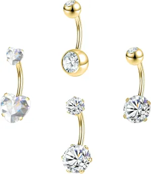 ZS 4pcs Cubic Zircon Belly Button Ring, 14G Stainless Steel Belly Ring, Long Bar Navel Barbell Stud, Navel Piercing Jewelry for Women