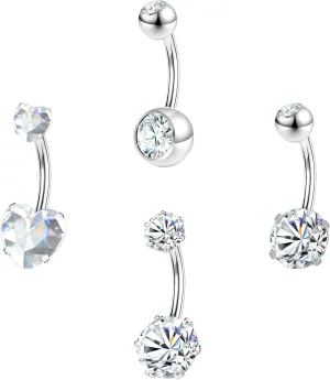 ZS 4pcs Cubic Zircon Belly Button Ring, 14G Stainless Steel Belly Ring, Long Bar Navel Barbell Stud, Navel Piercing Jewelry for Women