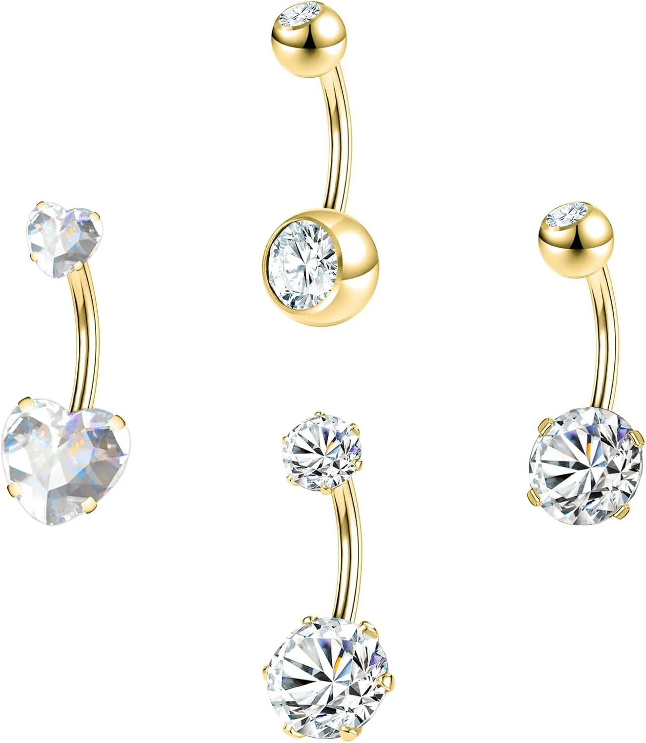 ZS 4pcs Cubic Zircon Belly Button Ring, 14G Stainless Steel Belly Ring, Long Bar Navel Barbell Stud, Navel Piercing Jewelry for Women