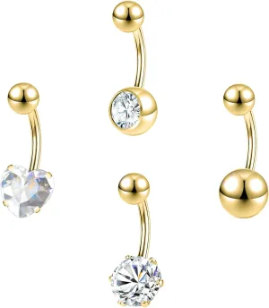 ZS 4Pcs Long Bar Belly Button Ring, Stainless Steel Belly Ring Navel Ring with Top Ball, 14G Cubic Zircon Navel Barbell Stud Navel Piercing Jewelry for Women Men